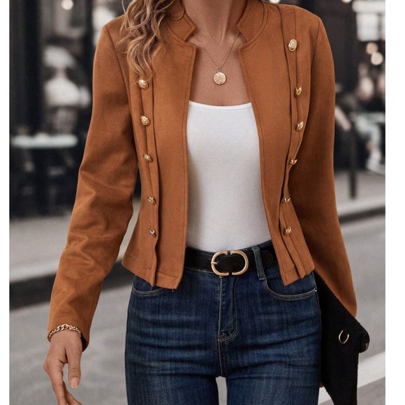 Classic Vegan Suede Button Detail Open Front Jacket Coat - Picture 6 of 8